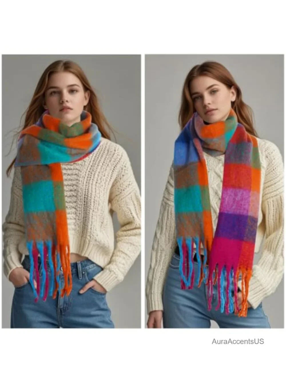 Oversized Chunky Plaid Knit Scarf Long Warm Winter Shawl Wrap